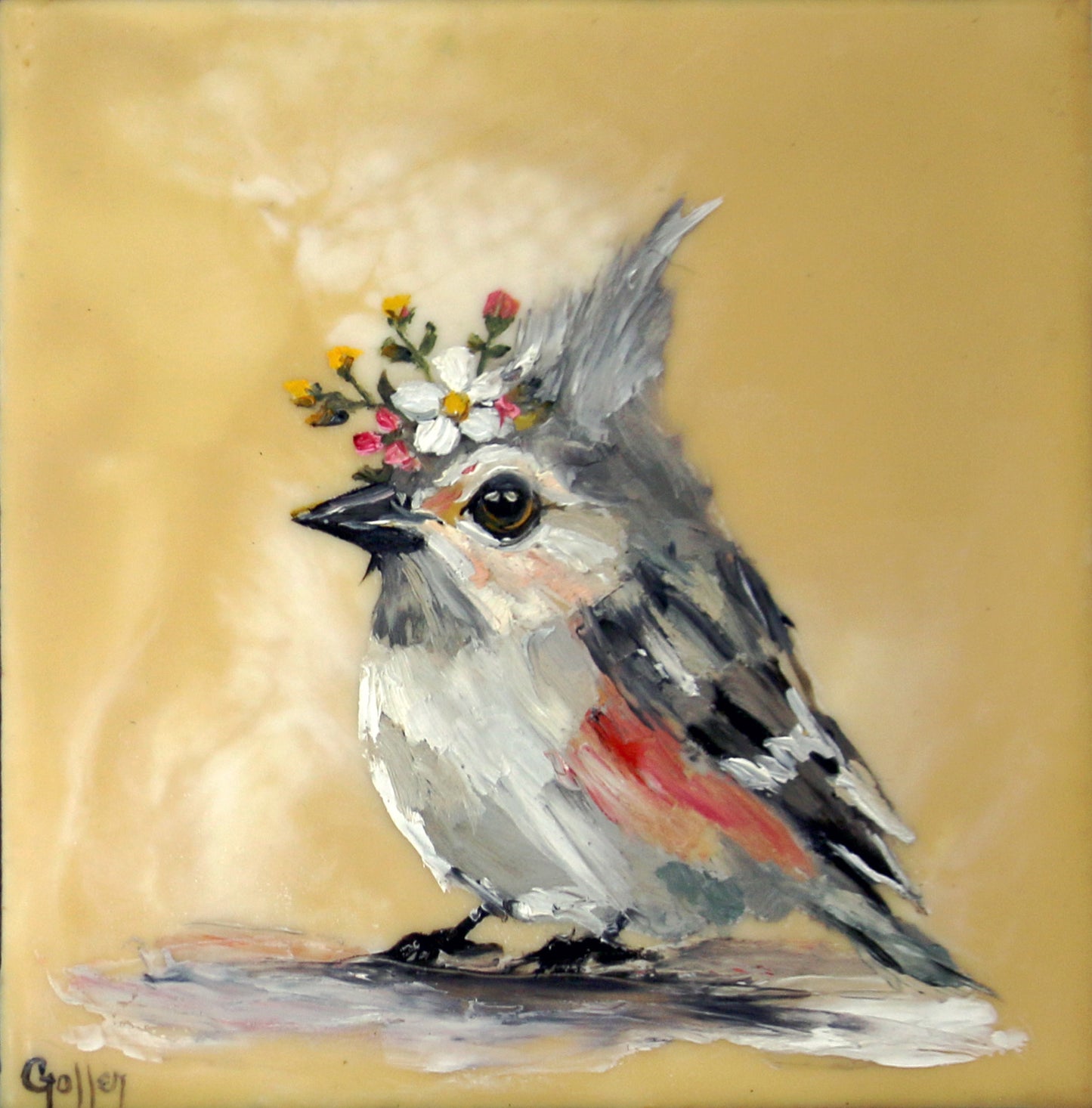 CARRIE GOLLER - Floriferous Bird Study 3 (Floriferous Collection), Mixed Media Oil/Encaustic, 5 x 5 ***At Abend Gallery, Denver, CO please inquire at (303) 355-0950***