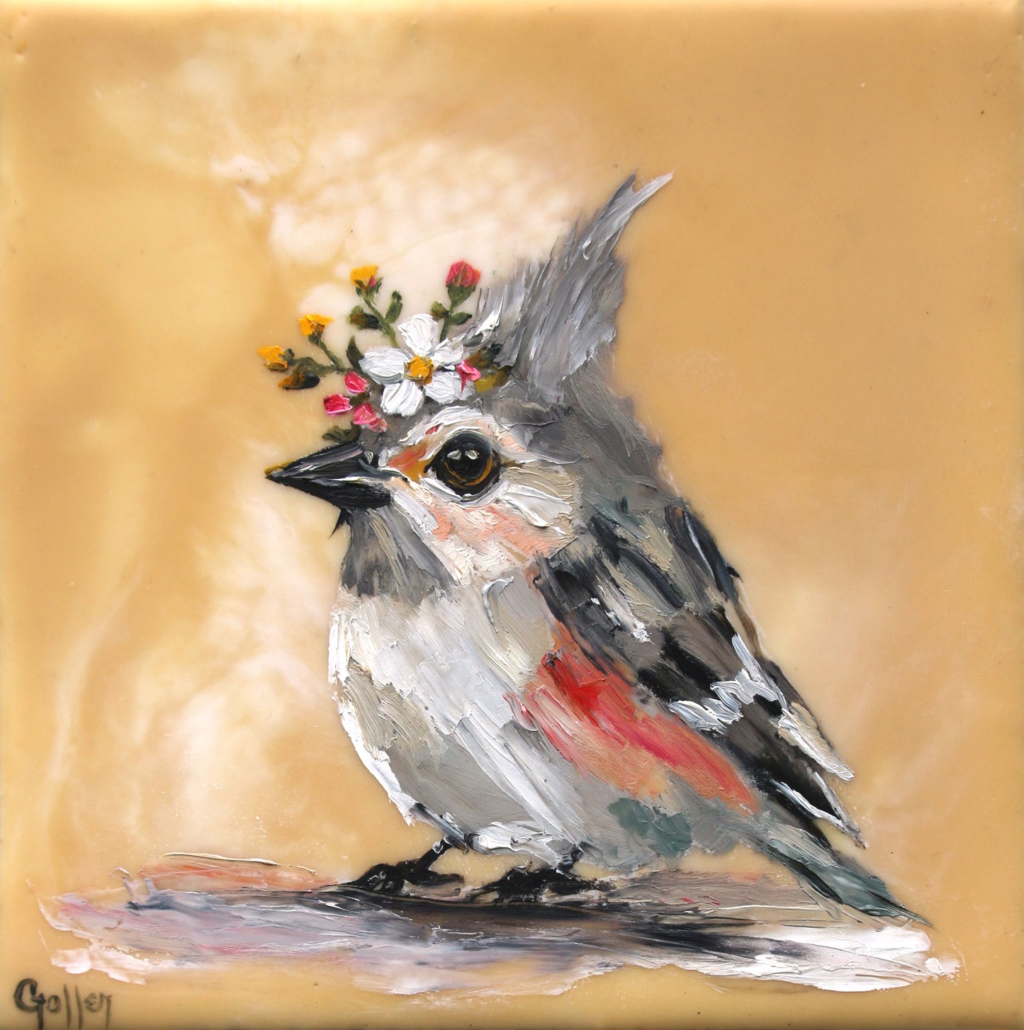 CARRIE GOLLER - Floriferous Bird Study 3 (Floriferous Collection), Mixed Media Oil/Encaustic, 5 x 5 ***At Abend Gallery, Denver, CO please inquire at (303) 355-0950***