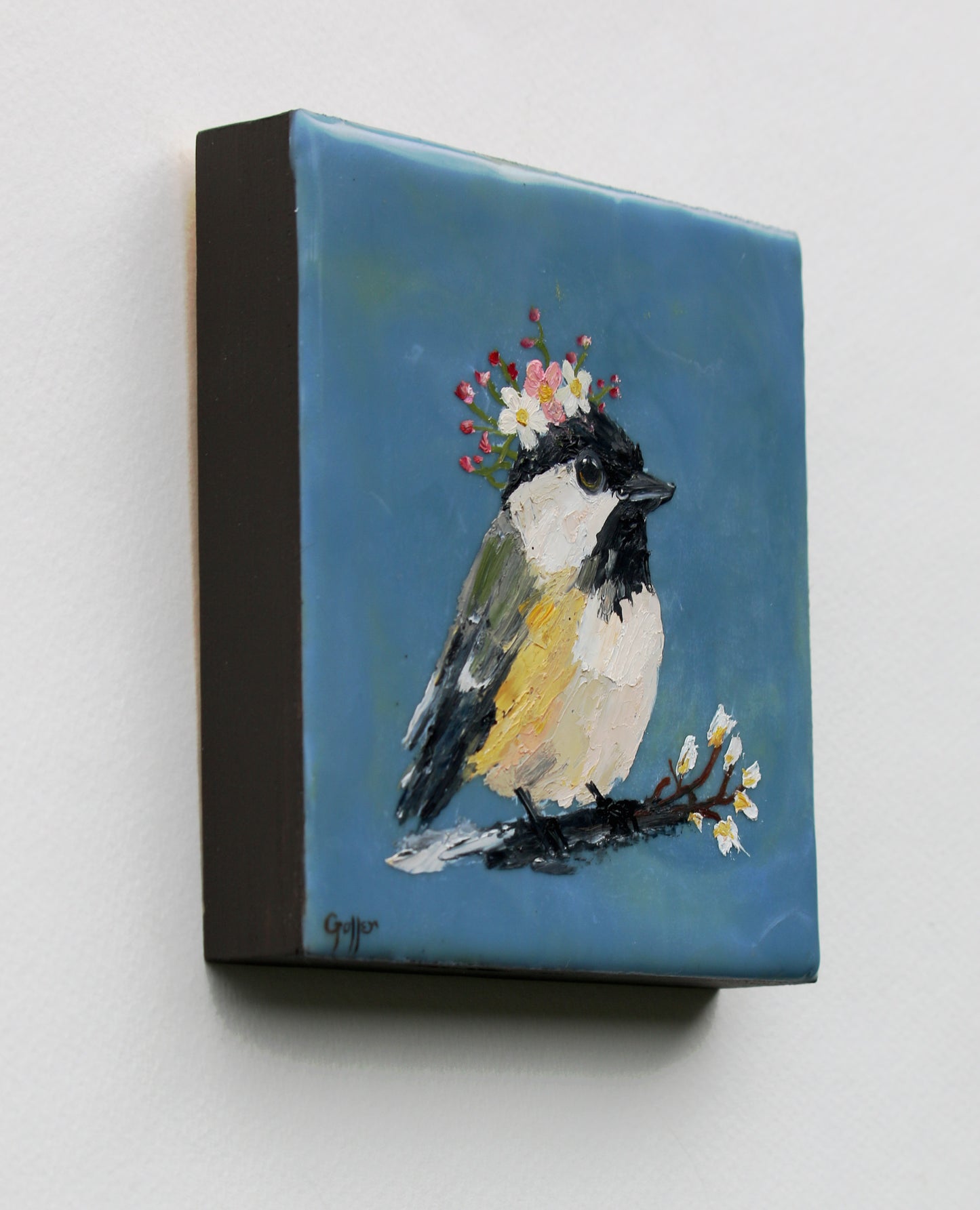 CARRIE GOLLER - Floriferous Bird Study 4 (Floriferous Collection), Mixed Media Oil/Encaustic, 5 x 5 ***At Abend Gallery, Denver, CO please inquire at (303) 355-0950***