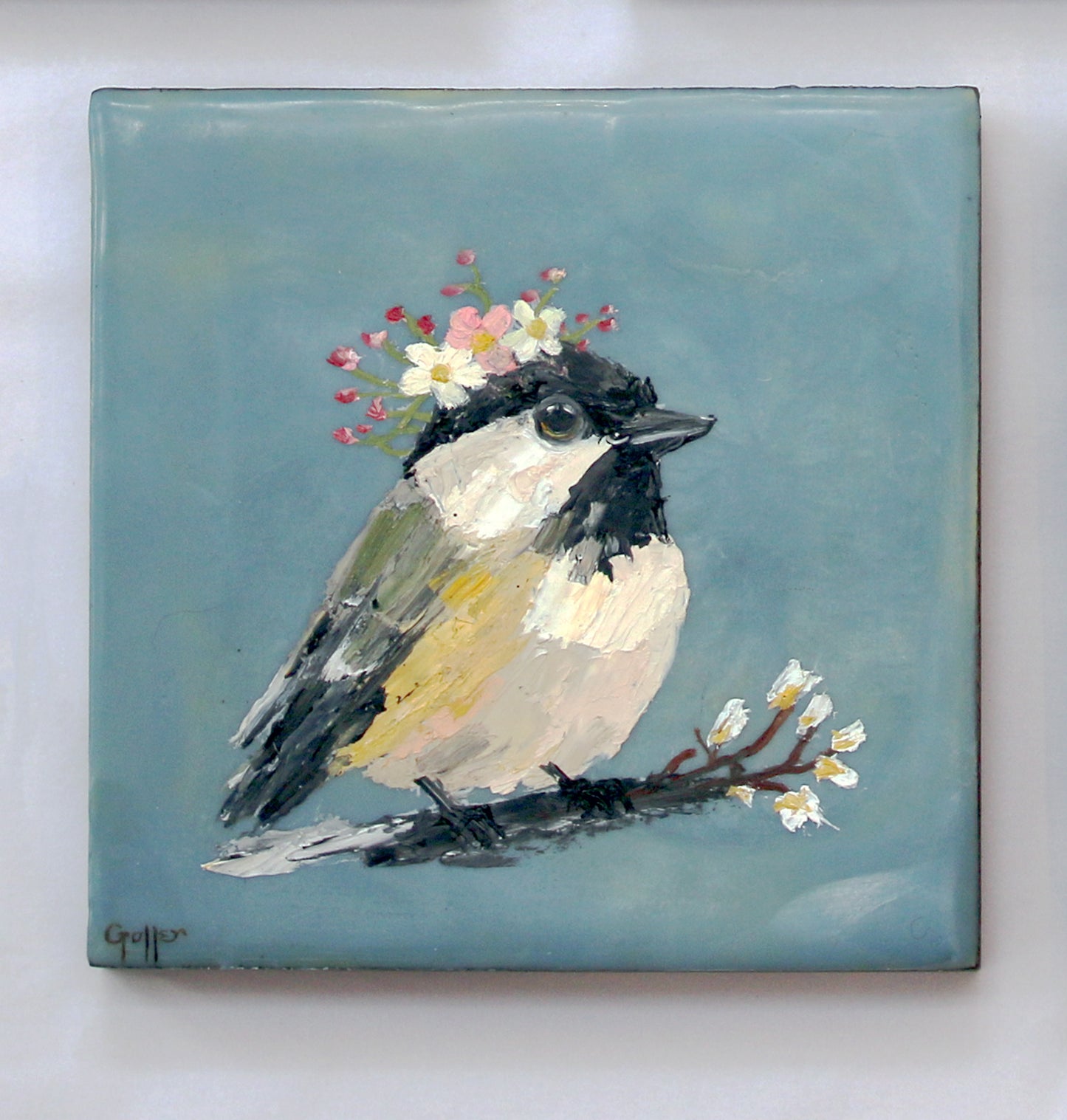 CARRIE GOLLER - Floriferous Bird Study 4 (Floriferous Collection), Mixed Media Oil/Encaustic, 5 x 5 ***At Abend Gallery, Denver, CO please inquire at (303) 355-0950***