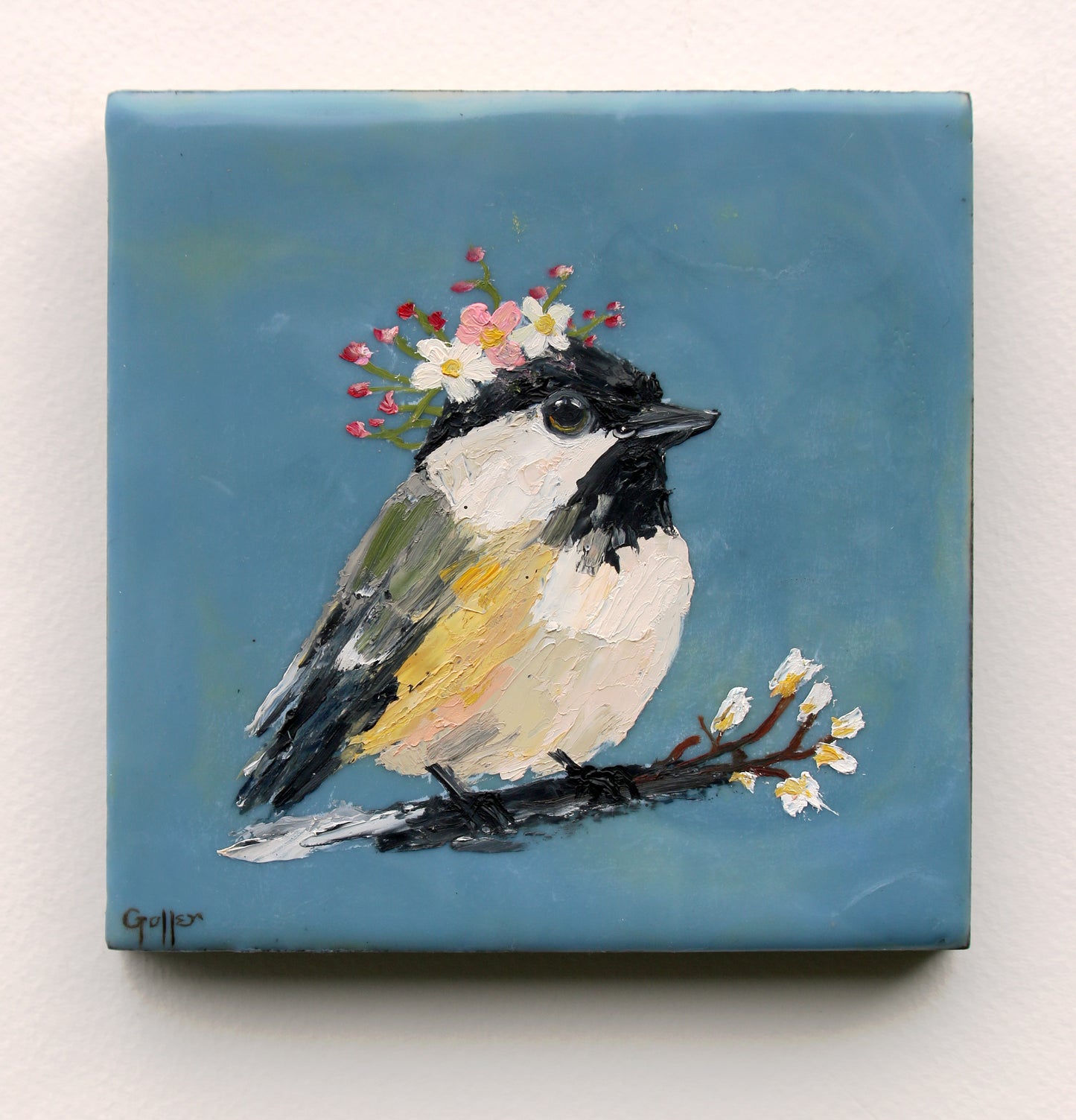 CARRIE GOLLER - Floriferous Bird Study 4 (Floriferous Collection), Mixed Media Oil/Encaustic, 5 x 5 ***At Abend Gallery, Denver, CO please inquire at (303) 355-0950***
