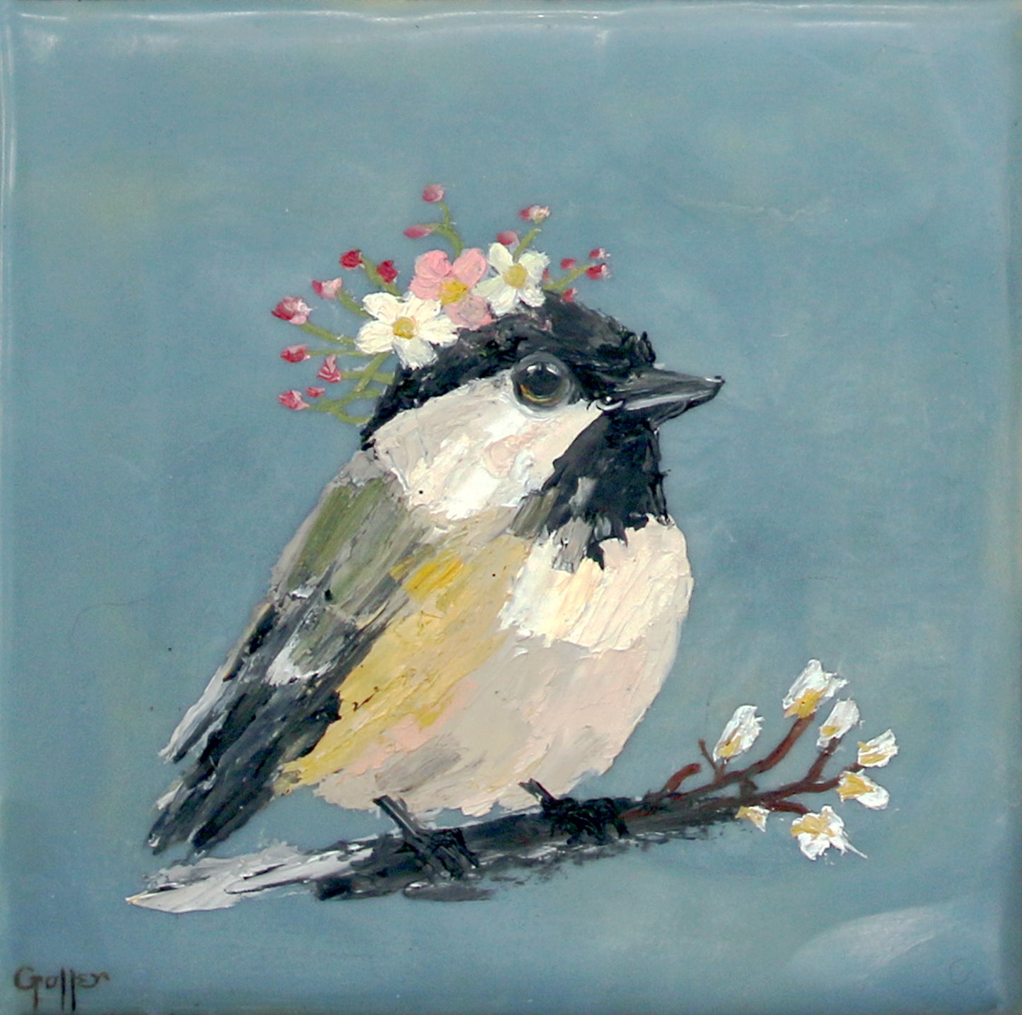 CARRIE GOLLER - Floriferous Bird Study 4 (Floriferous Collection), Mixed Media Oil/Encaustic, 5 x 5 ***At Abend Gallery, Denver, CO please inquire at (303) 355-0950***
