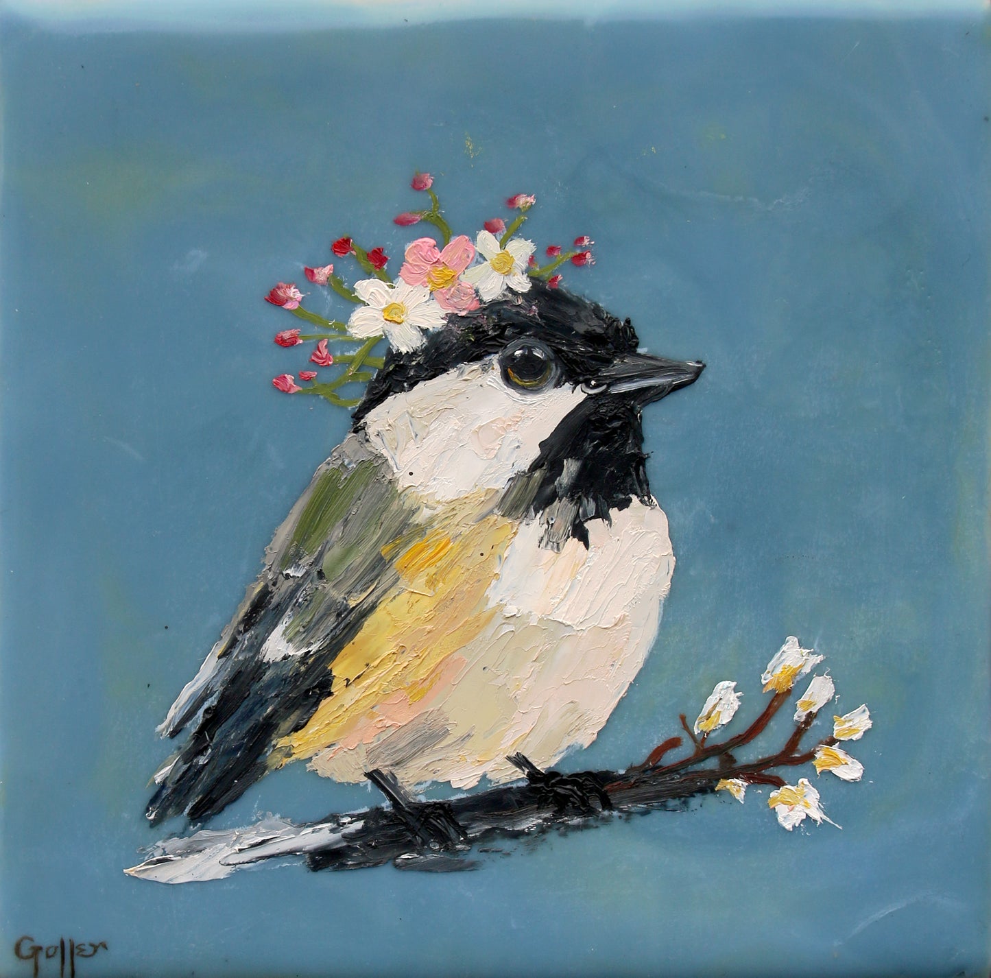 CARRIE GOLLER - Floriferous Bird Study 4 (Floriferous Collection), Mixed Media Oil/Encaustic, 5 x 5 ***At Abend Gallery, Denver, CO please inquire at (303) 355-0950***