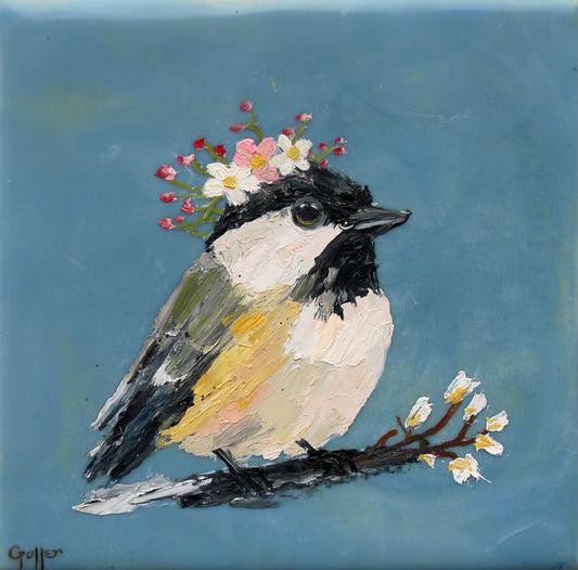 CARRIE GOLLER - Floriferous Bird Study 4 (Floriferous Collection), Mixed Media Oil/Encaustic, 5 x 5 ***At Abend Gallery, Denver, CO please inquire at (303) 355-0950***