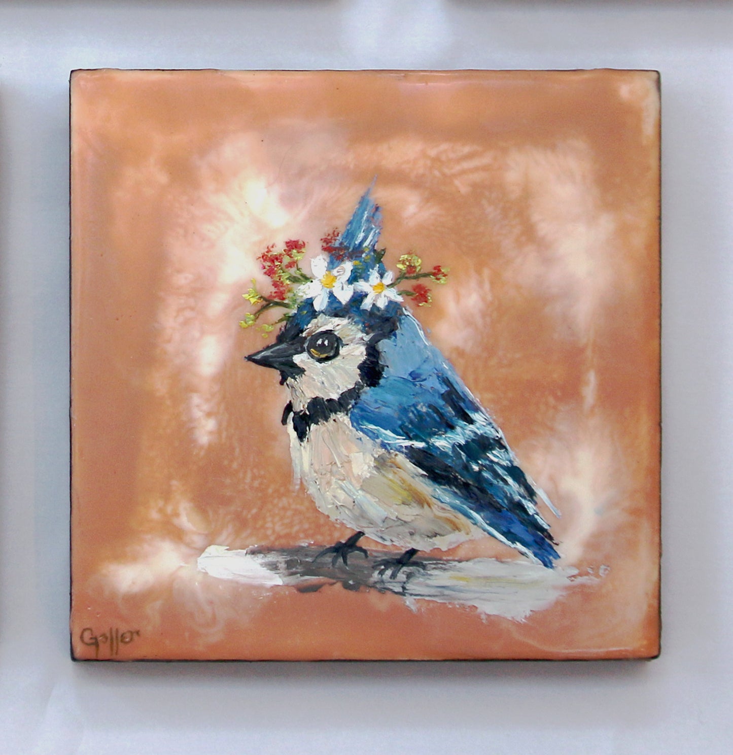 CARRIE GOLLER - Floriferous Bird Study 5 (Floriferous Collection), Mixed Media Oil/Encaustic, 5 x 5 ***At Abend Gallery, Denver, CO please inquire at (303) 355-0950***