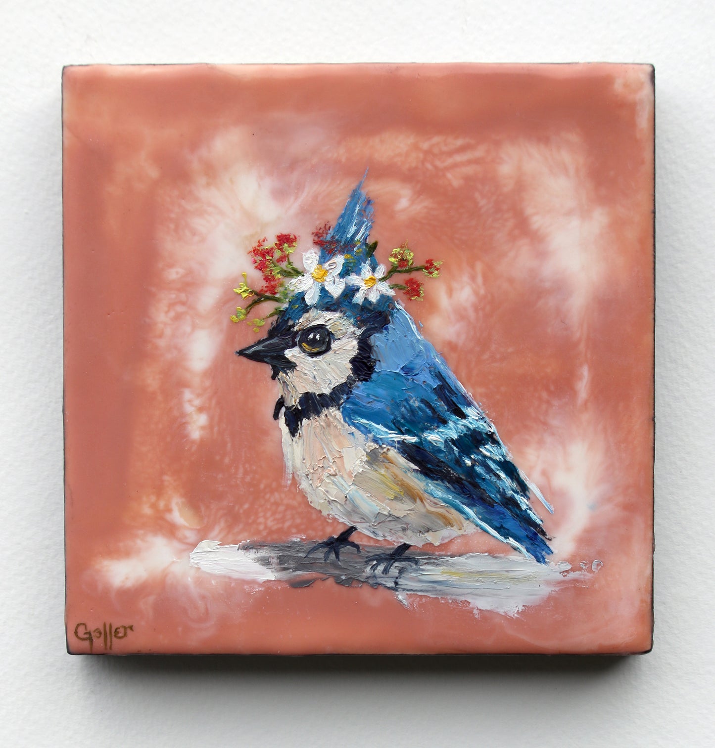 CARRIE GOLLER - Floriferous Bird Study 5 (Floriferous Collection), Mixed Media Oil/Encaustic, 5 x 5 ***At Abend Gallery, Denver, CO please inquire at (303) 355-0950***