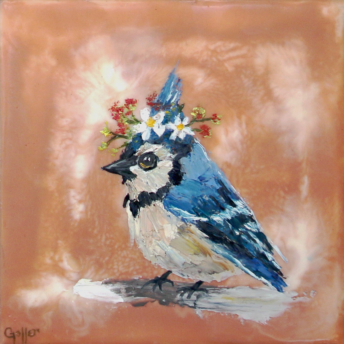 CARRIE GOLLER - Floriferous Bird Study 5 (Floriferous Collection), Mixed Media Oil/Encaustic, 5 x 5 ***At Abend Gallery, Denver, CO please inquire at (303) 355-0950***