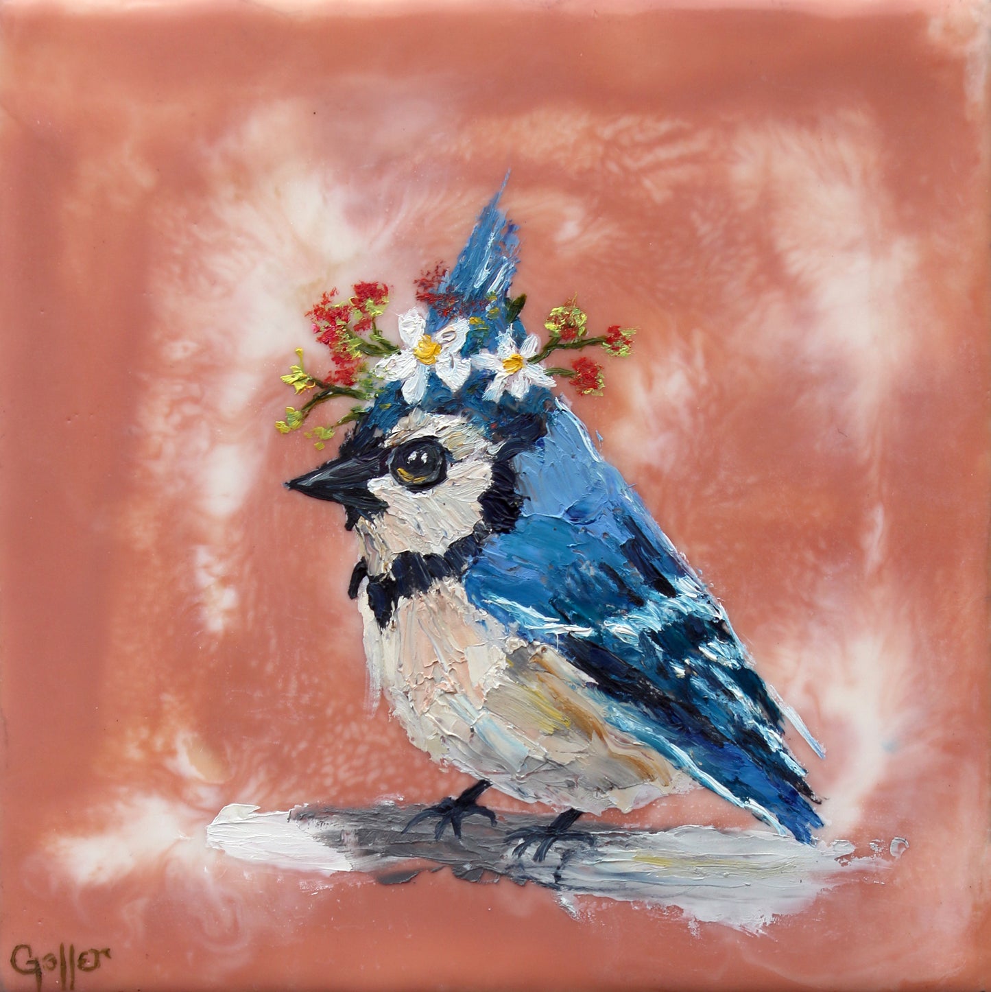CARRIE GOLLER - Floriferous Bird Study 5 (Floriferous Collection), Mixed Media Oil/Encaustic, 5 x 5 ***At Abend Gallery, Denver, CO please inquire at (303) 355-0950***