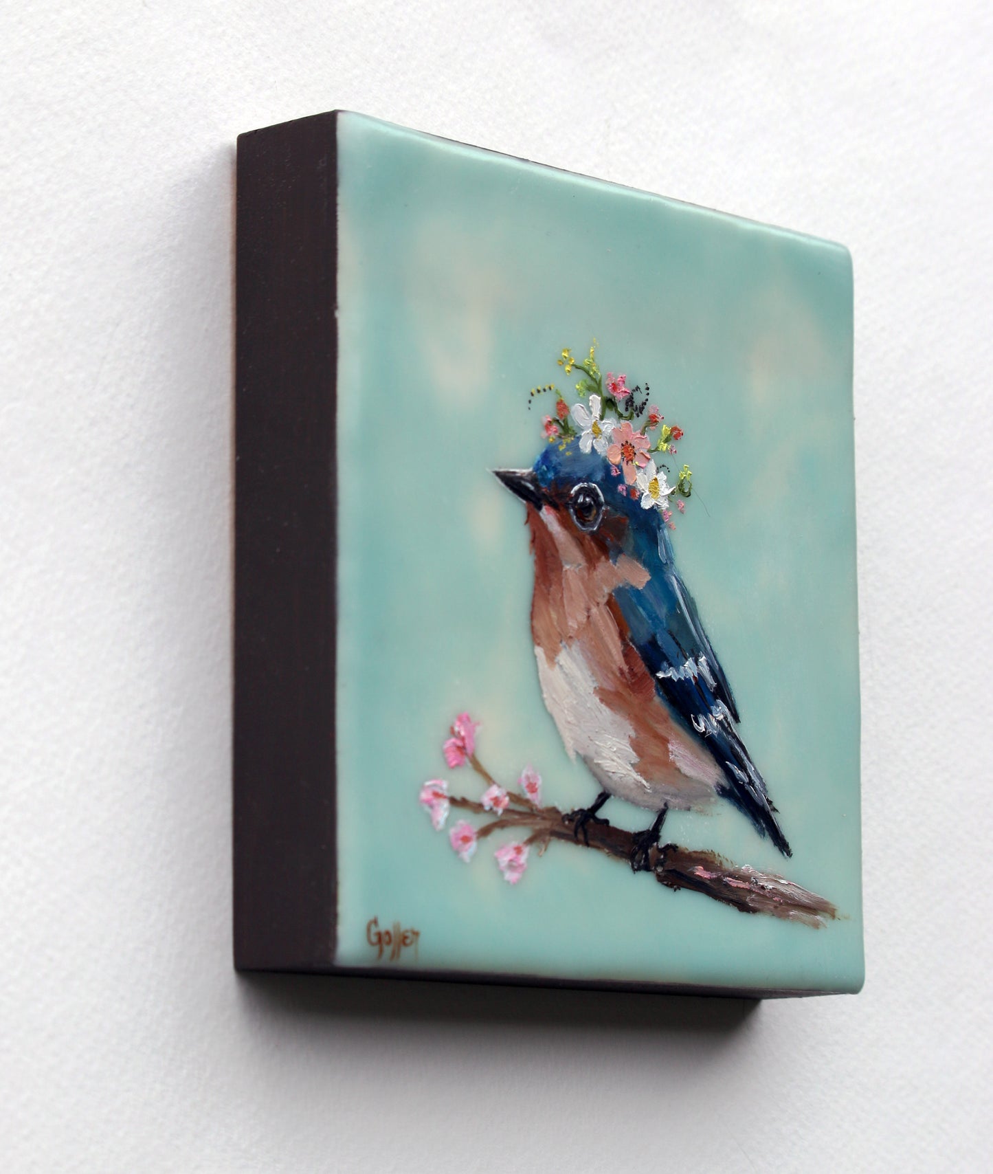 CARRIE GOLLER - Floriferous Bird Study 6 (Floriferous Collection), Mixed Media Oil/Encaustic, 5 x 5 ***At Abend Gallery, Denver, CO please inquire at (303) 355-0950***
