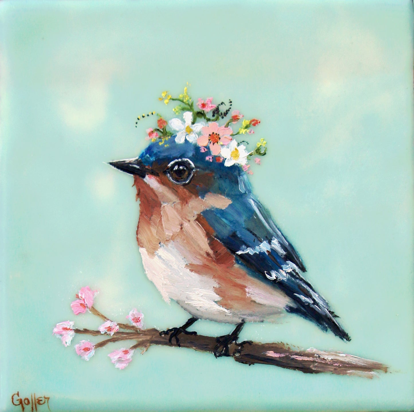 CARRIE GOLLER - Floriferous Bird Study 6 (Floriferous Collection), Mixed Media Oil/Encaustic, 5 x 5 ***At Abend Gallery, Denver, CO please inquire at (303) 355-0950***