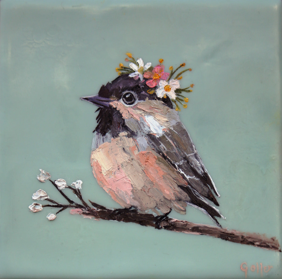 CARRIE GOLLER - Floriferous Bird Study 9 (Floriferous Collection), Mixed Media Oil/Encaustic, 5 x 5 (framed)