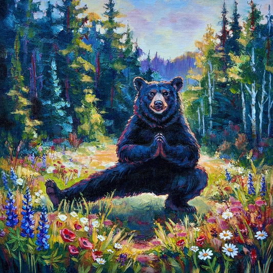JANDI SMALL - Yoga Bear - Goddess Pose, Oil on canvas panel, 12x12
