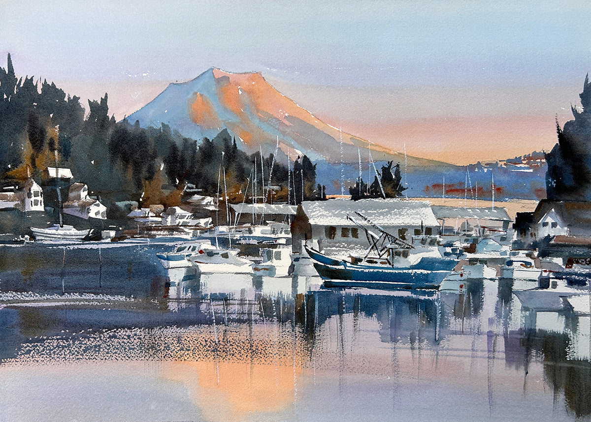 Ina Xi - Sunset over Gig Harbor No.2, Original Watercolor, 18x14 framed