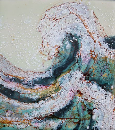 Prints available, original ***SOLD*** Carrie Goller - Surf II, encaustic/mixed media 7x6.5