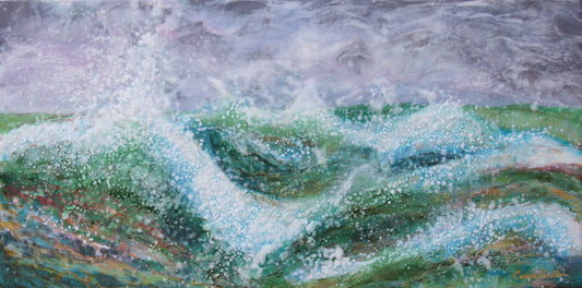 Prints available, original ***SOLD*** Surrender IV, encaustic/mixed media 24x48 - on display at Bainbridge Island Museum of Art Gallery Store