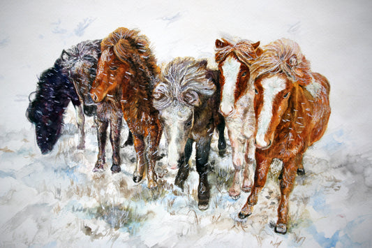 ***SOLD*** Carrie Goller - The Huddle, Watercolor print 11x14 framed in white mat, wood frame
