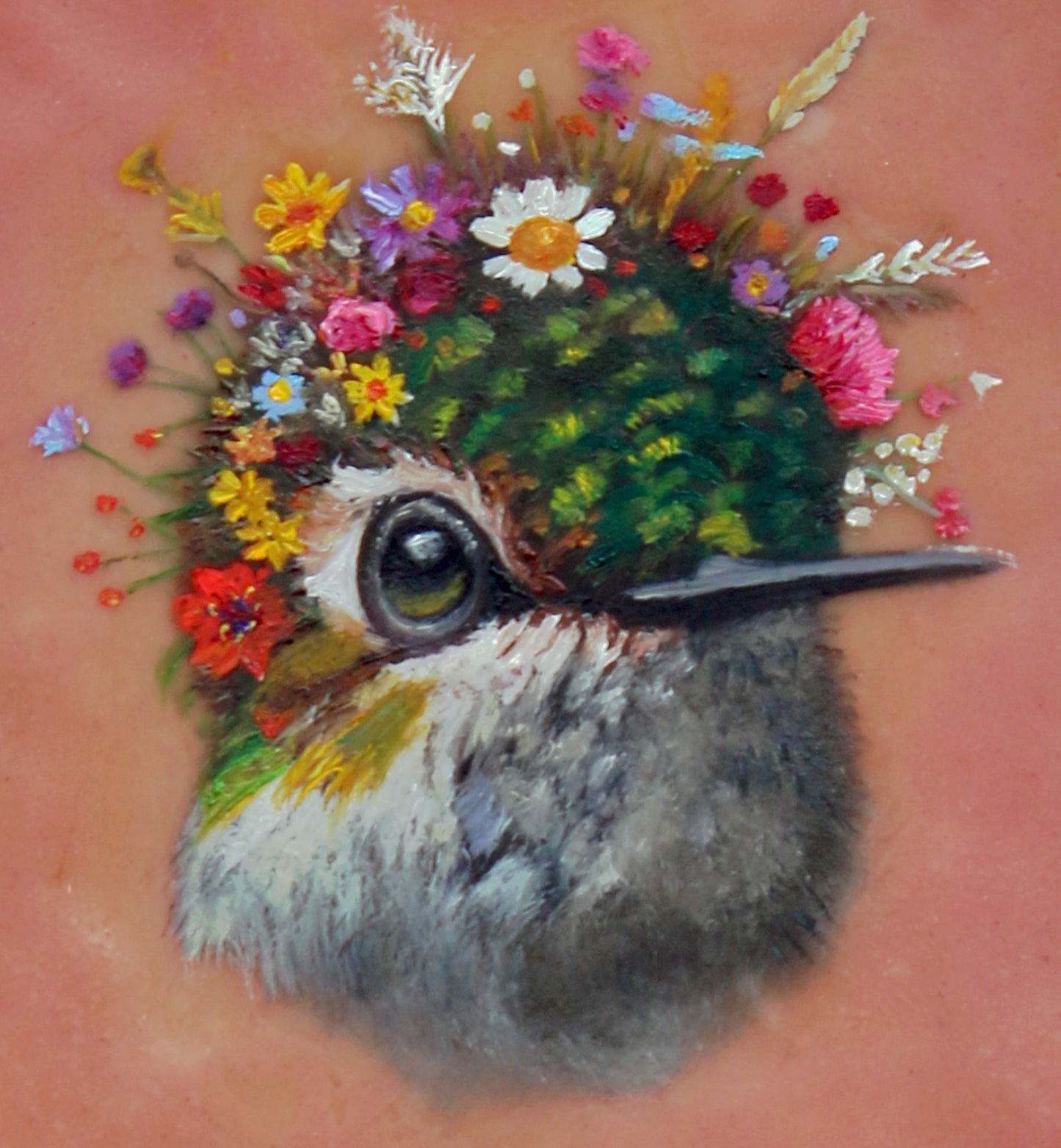 CARRIE GOLLER -  Tina, Floriferous Collection (Hummingbird), Mixed media - oil/encaustic 5x5 ***At Jones & Terwilliger Galleries, Carmel, CA please inquire at (831) 626-9100***