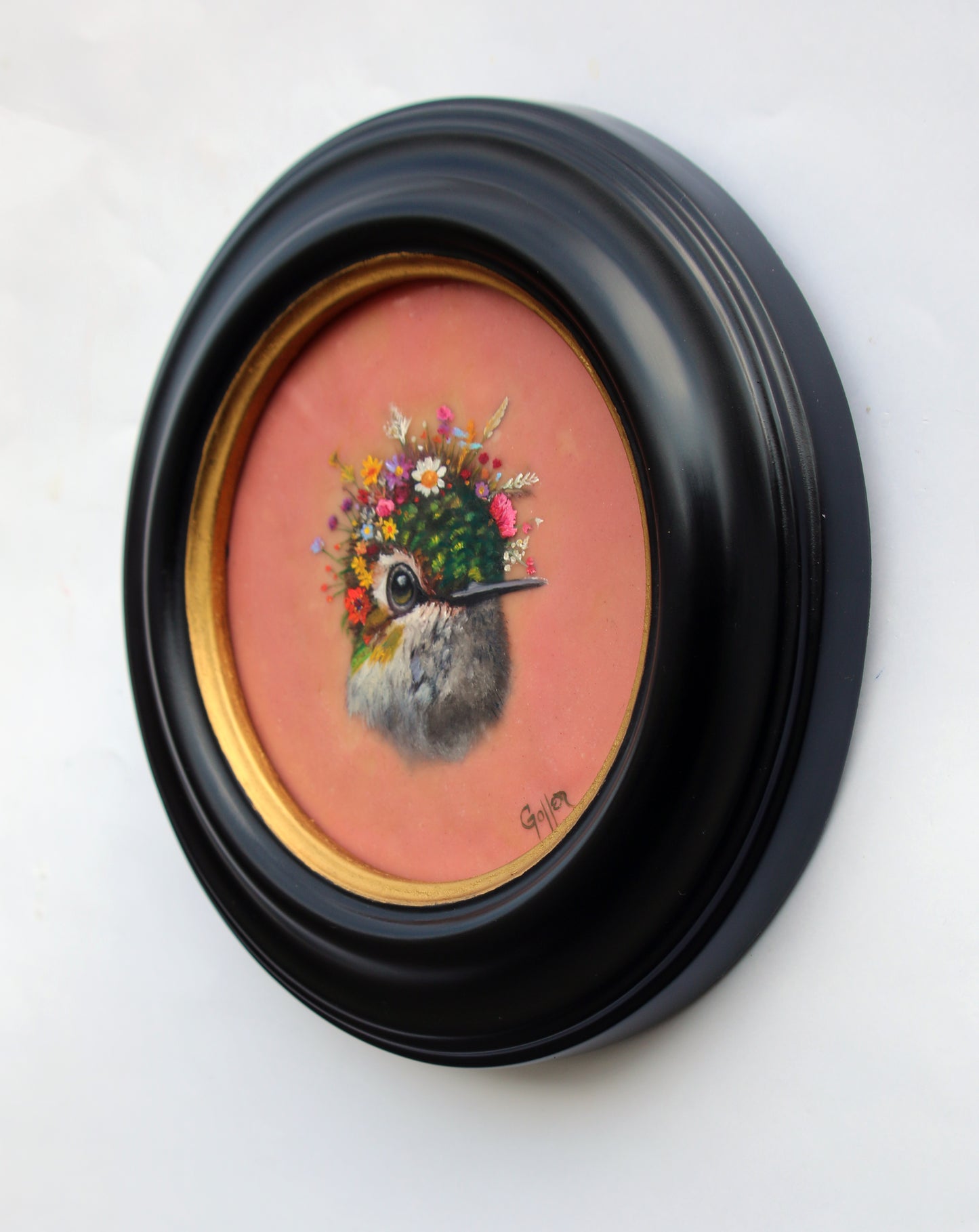CARRIE GOLLER -  Tina, Floriferous Collection (Hummingbird), Mixed media - oil/encaustic 5x5 ***At Jones & Terwilliger Galleries, Carmel, CA please inquire at (831) 626-9100***