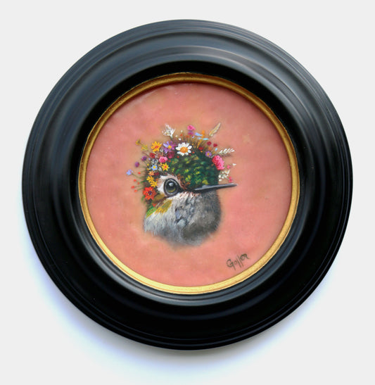 CARRIE GOLLER -  Tina, Floriferous Collection (Hummingbird), Mixed media - oil/encaustic 5x5 ***At Jones & Terwilliger Galleries, Carmel, CA please inquire at (831) 626-9100***