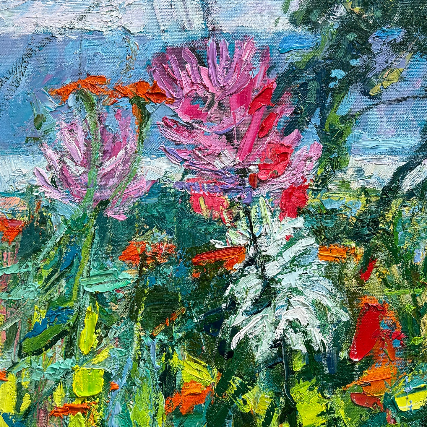 ***SOLD *** BRIAN MAHIEU - - Island Garden--Tithonia and Cleome, Oil, 36x36