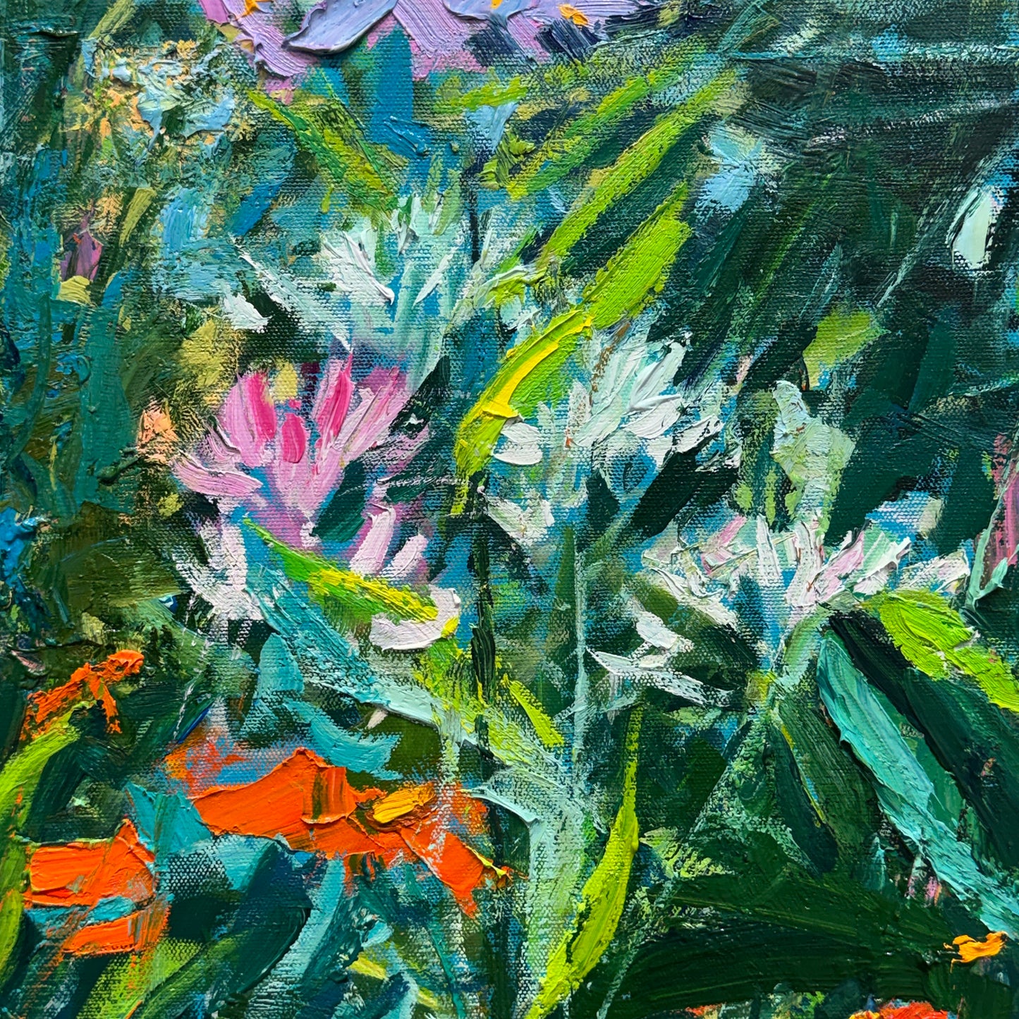 ***SOLD *** BRIAN MAHIEU - - Island Garden--Tithonia and Cleome, Oil, 36x36