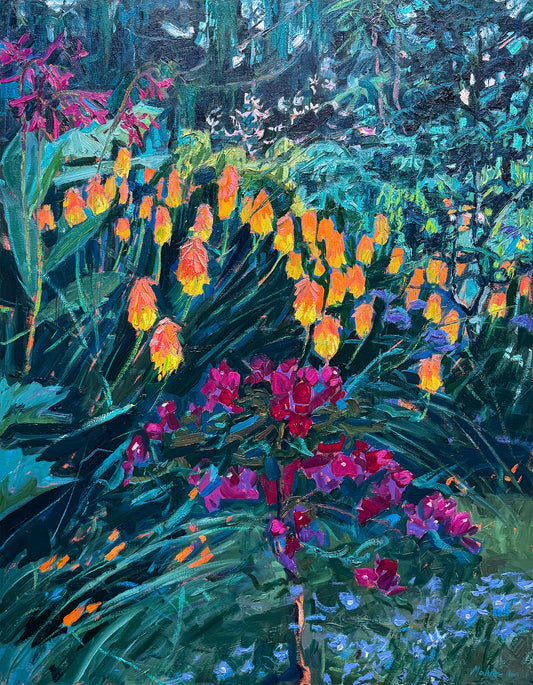 BRIAN MAHIEU - Torch Lilies and Bougainvillea—Nightfall, Plein Air  Oil on Canvas, 40” X 30”