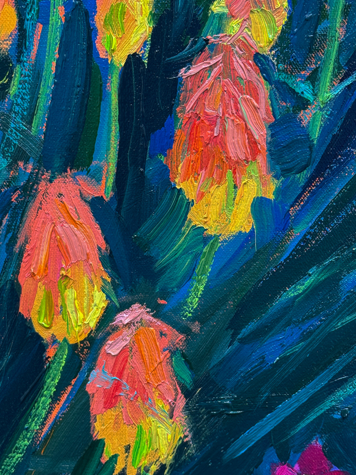 *** SOLD *** BRIAN MAHIEU - Torch Lilies and Bougainvillea—Nightfall, Plein Air  Oil on Canvas, 40” X 30”