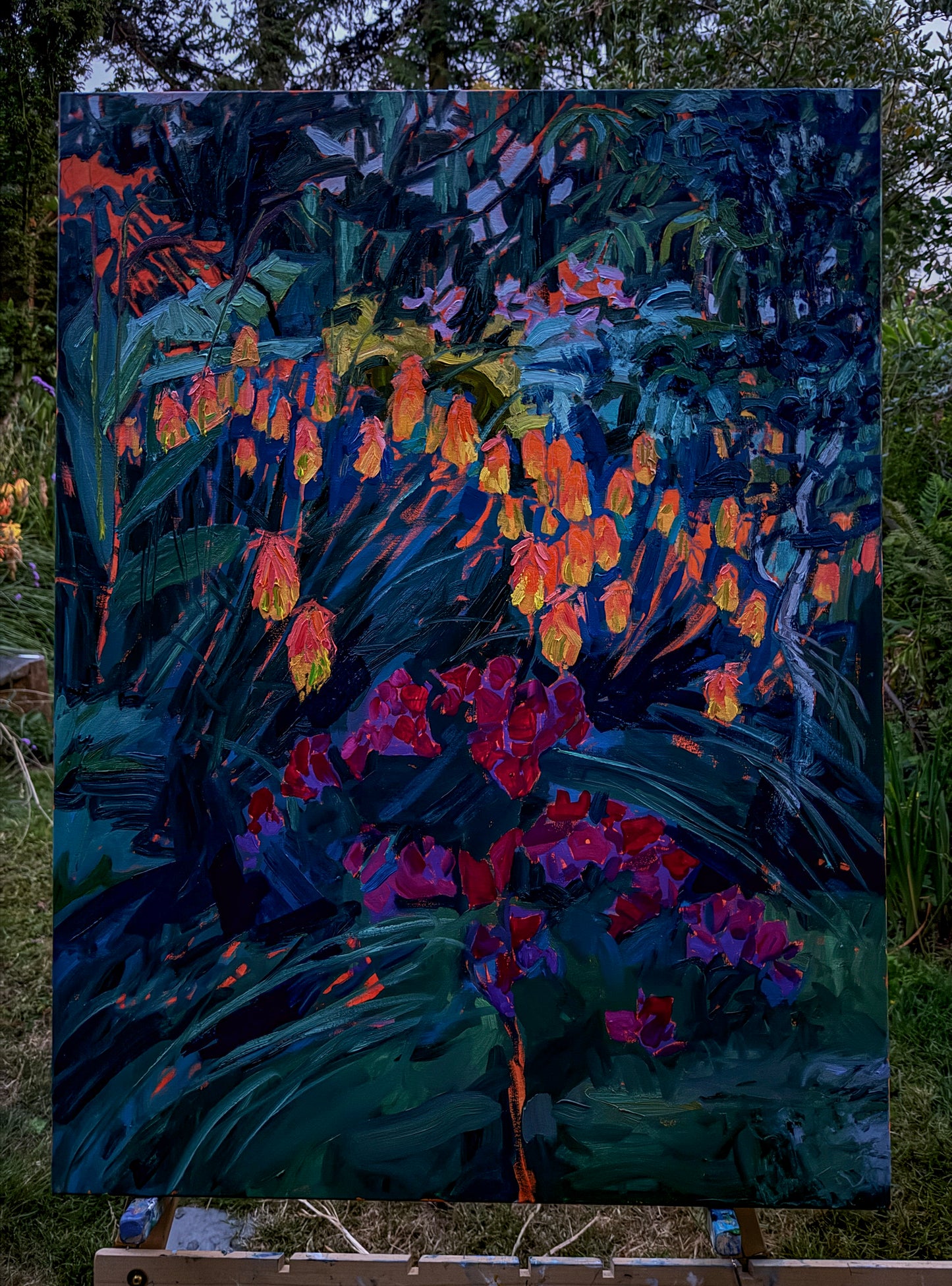 *** IN PROGRESS*** BRIAN MAHIEU - Torch Lilies and Bougainvillea—Nightfall, Plein Air  Oil on Canvas, 40” X 30”