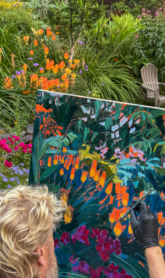 *** IN PROGRESS*** BRIAN MAHIEU - Torch Lilies and Bougainvillea—Nightfall, Plein Air  Oil on Canvas, 40” X 30”
