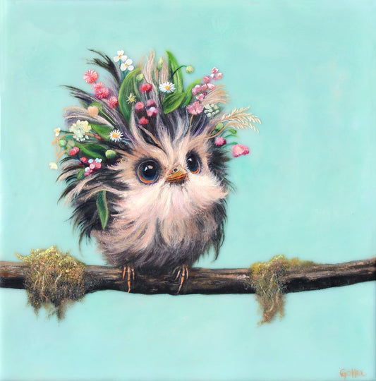 Prints available, original ***SOLD*** CARRIE GOLLER - Ursula (Wowl, Floriferous Collection), Mixed Media - Oil/Encaustic 10x10***At Jones & Terwilliger Galleries***