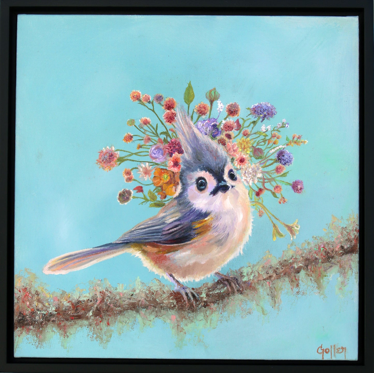 CARRIE GOLLER - Valentine, Floriferous collection (Tufted Titmouse bird), Oil 10x10 ***At Jones and; Terwilliger Galleries, Palm Desert, CA please inquire at (760) 674-8989***