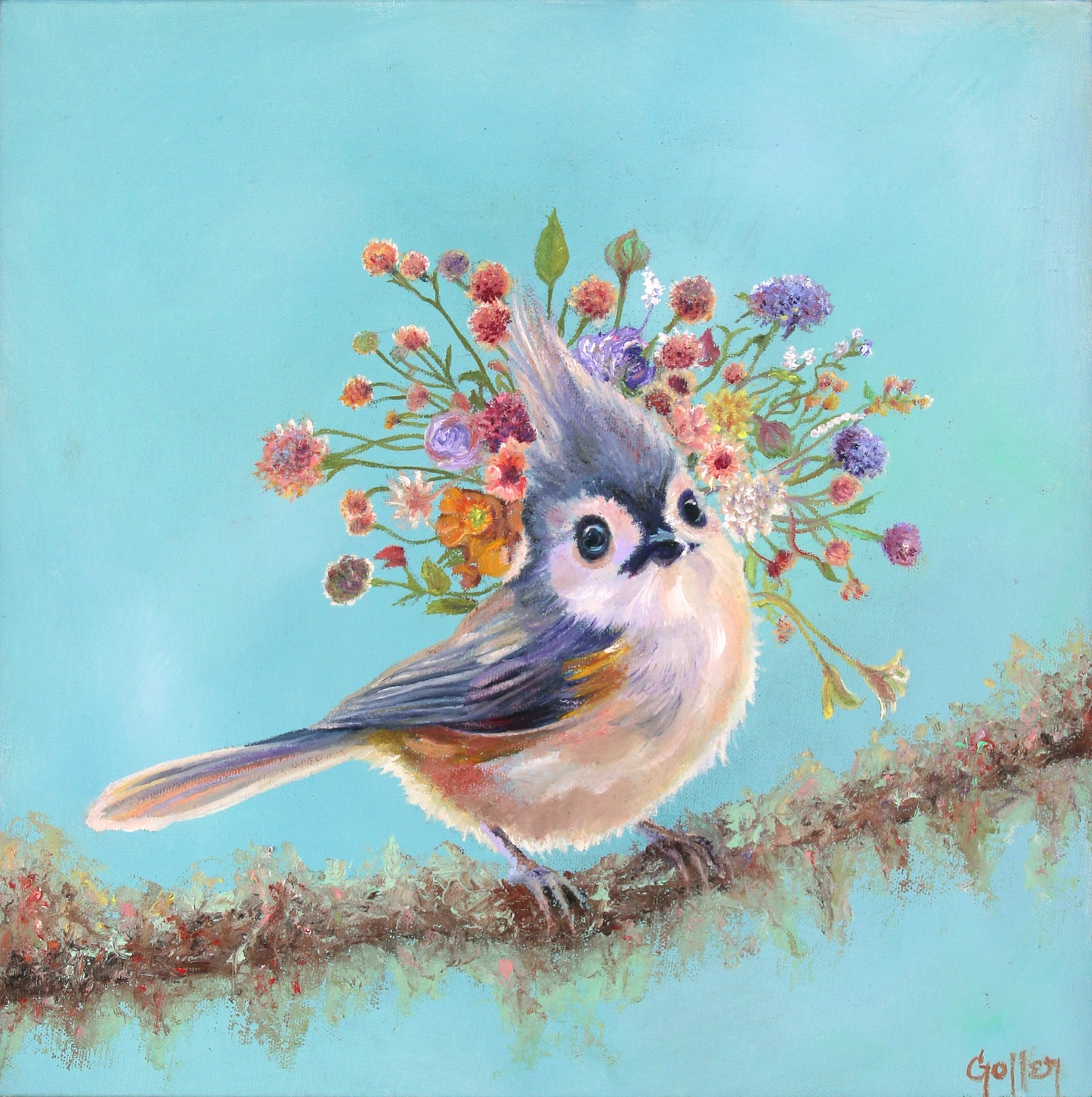 CARRIE GOLLER - Valentine, Floriferous collection (Tufted Titmouse bird), Oil 10x10 ***At Jones and; Terwilliger Galleries, Palm Desert, CA please inquire at (760) 674-8989***
