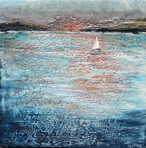 Prints available, original ***SOLD*** Carrie Goller - Voyage, encaustic/mixed media 16x16