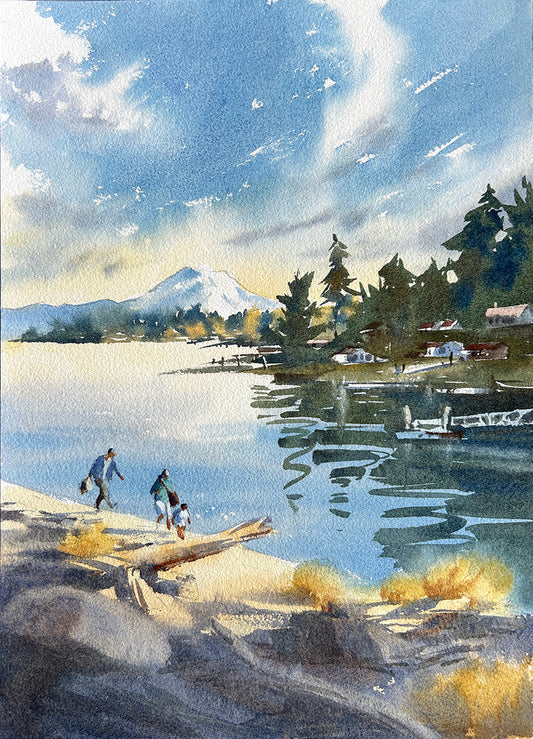 Ina Xi - Walking down Bella Bella Beach on Fox Island, Original Watercolor, 13x17 framed
