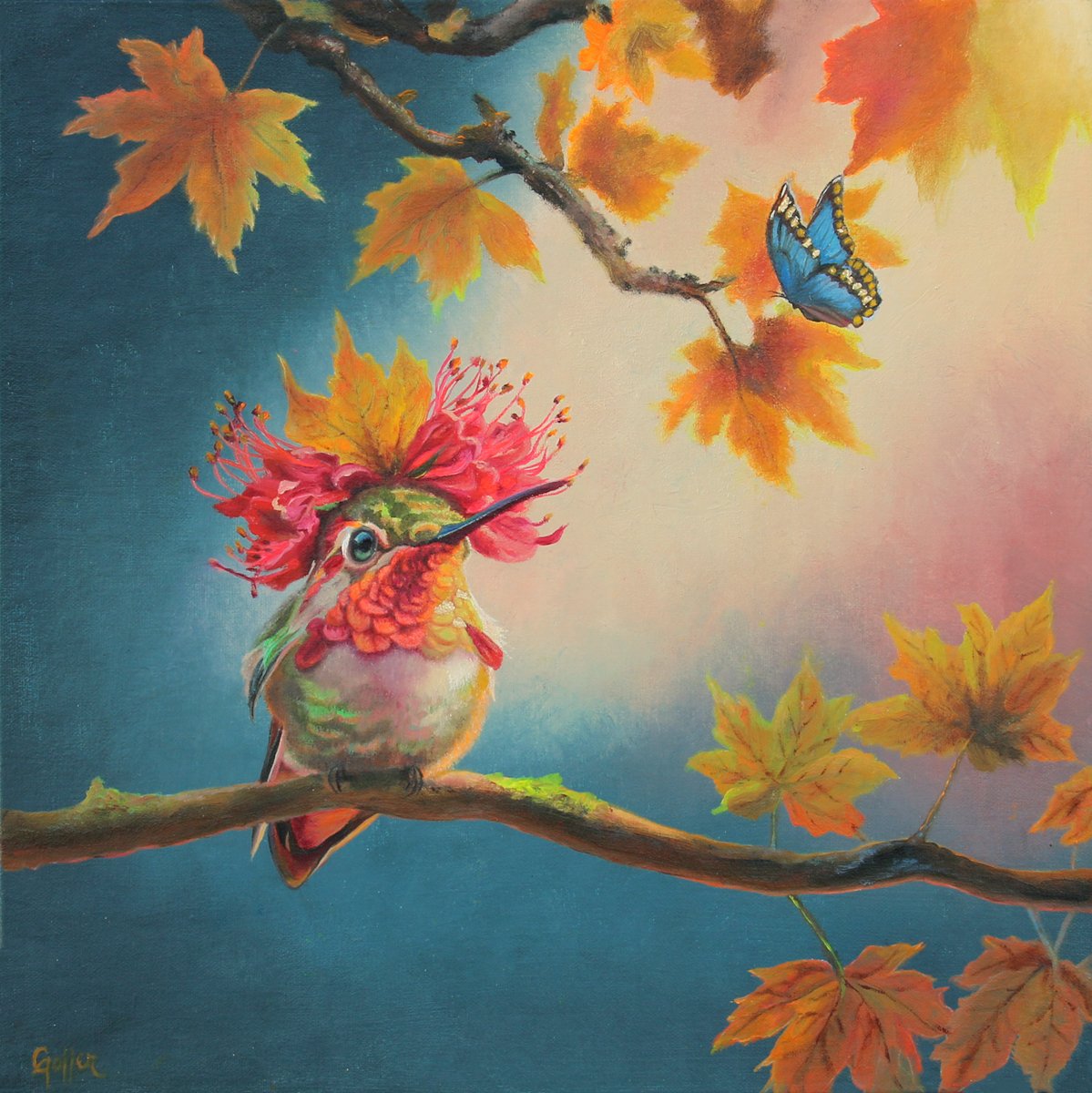 CARRIE GOLLER - Walter - Custom Commission (Floriferous Collection, Hummingbird) Oil/Gold Leaf 12x12