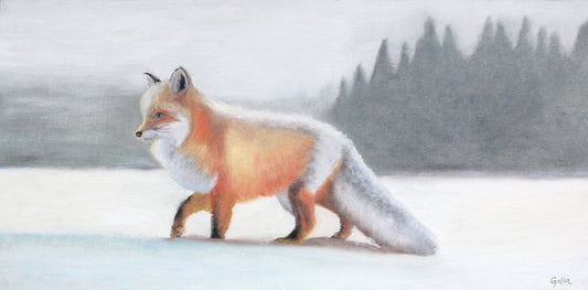Prints available, original ***SOLD*** Carrie Goller - Whisper, oil on linen (fox) 10x20 Custom Commission