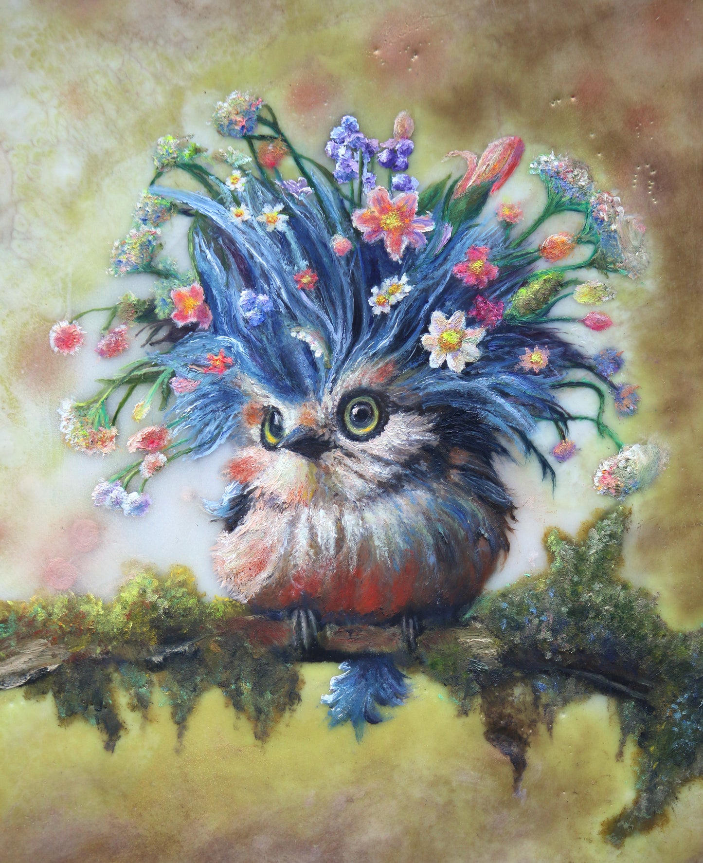 CARRIE GOLLER -  Winket - Floriferous Collection Wowl, Mixed media oil/encaustic 8x8 (Bird)  ***At Rehs Contemporary Galleries, NYC, please inquire at (212) 355-5710***