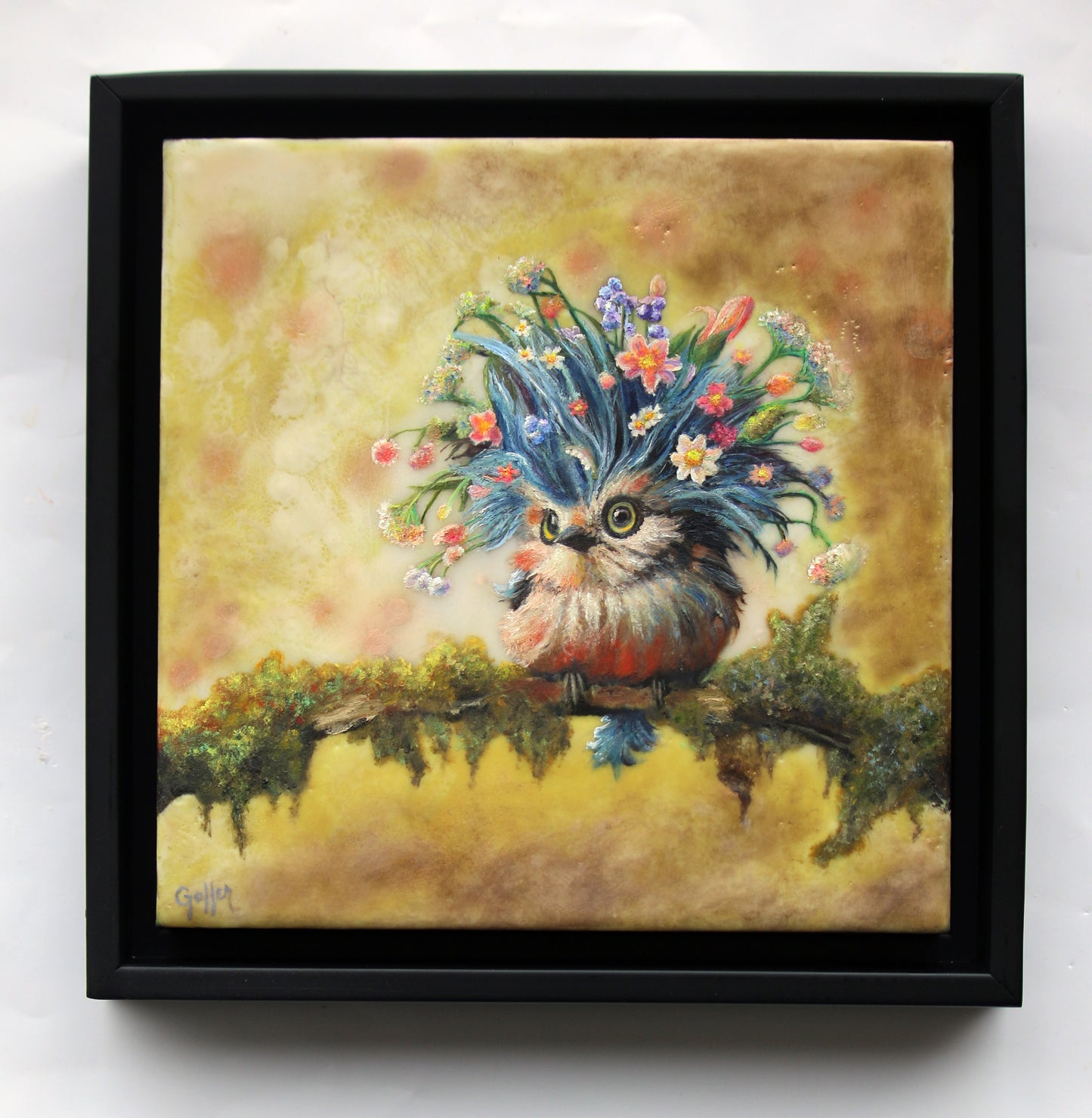 CARRIE GOLLER -  Winket - Floriferous Collection Wowl, Mixed media oil/encaustic 8x8 (Bird)  ***At Rehs Contemporary Galleries, NYC, please inquire at (212) 355-5710***