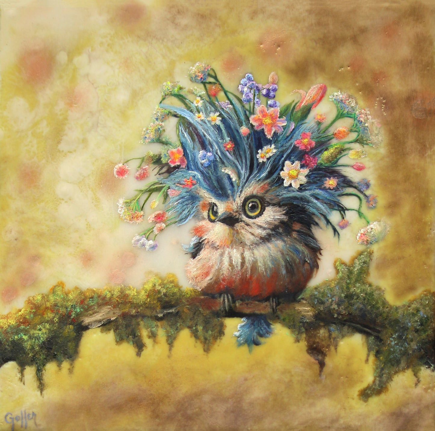 CARRIE GOLLER -  Winket - Floriferous Collection Wowl, Mixed media oil/encaustic 8x8 (Bird)  ***At Rehs Contemporary Galleries, NYC, please inquire at (212) 355-5710***