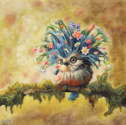 CARRIE GOLLER -  Winket - Floriferous Collection Wowl, Mixed media oil/encaustic 8x8 (Bird)  ***At Rehs Contemporary Galleries, NYC, please inquire at (212) 355-5710***