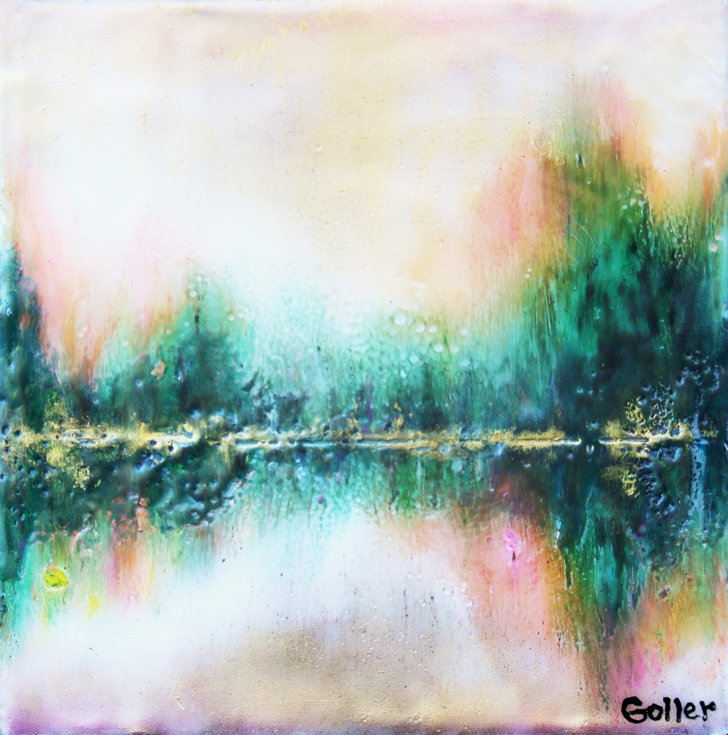 Prints available, original ***SOLD*** Carrie Goller - Woodland Sunrise - encaustic/mixed media 5x5