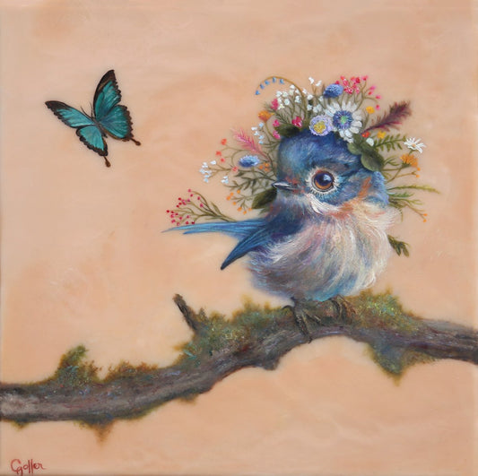 Prints available, original ***SOLD*** CARRIE GOLLER - Zelda (Floriferous Collection, Eastern Bluebird), Mixed Media - Oil/Encaustic 10x10 ***At Jones & Terwilliger Galleries***
