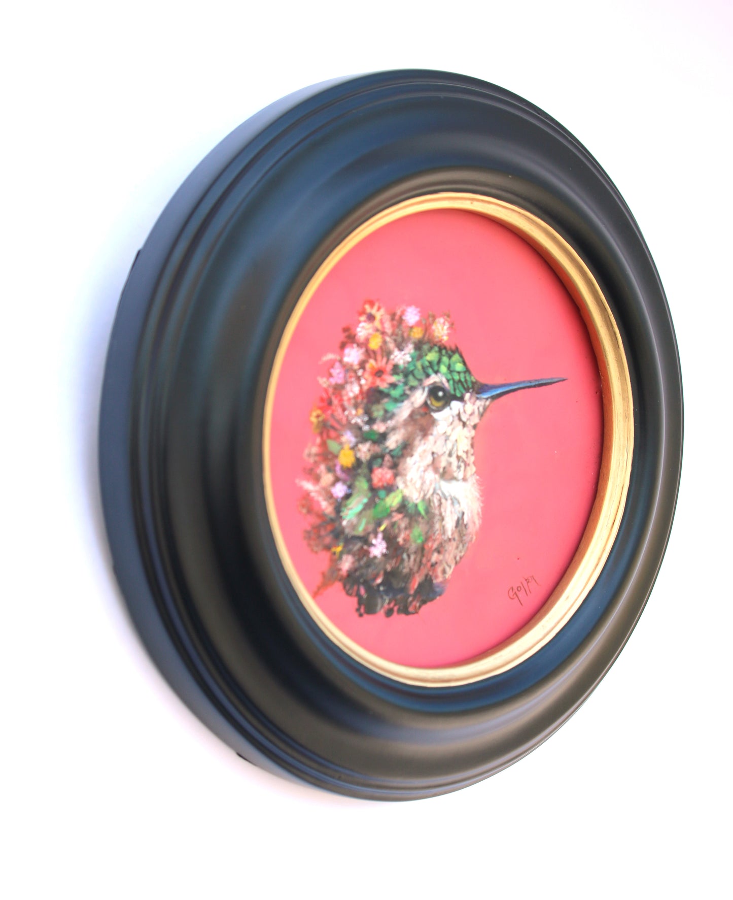 Prints available, original ***SOLD*** CARRIE GOLLER -  Zinnia, Floriferous Collection, Mixed media oil/encaustic 5x5 (Hummingbird)***At Jones & Terwilliger Galleries, Carmel, CA please inquire at (831) 626-9100***