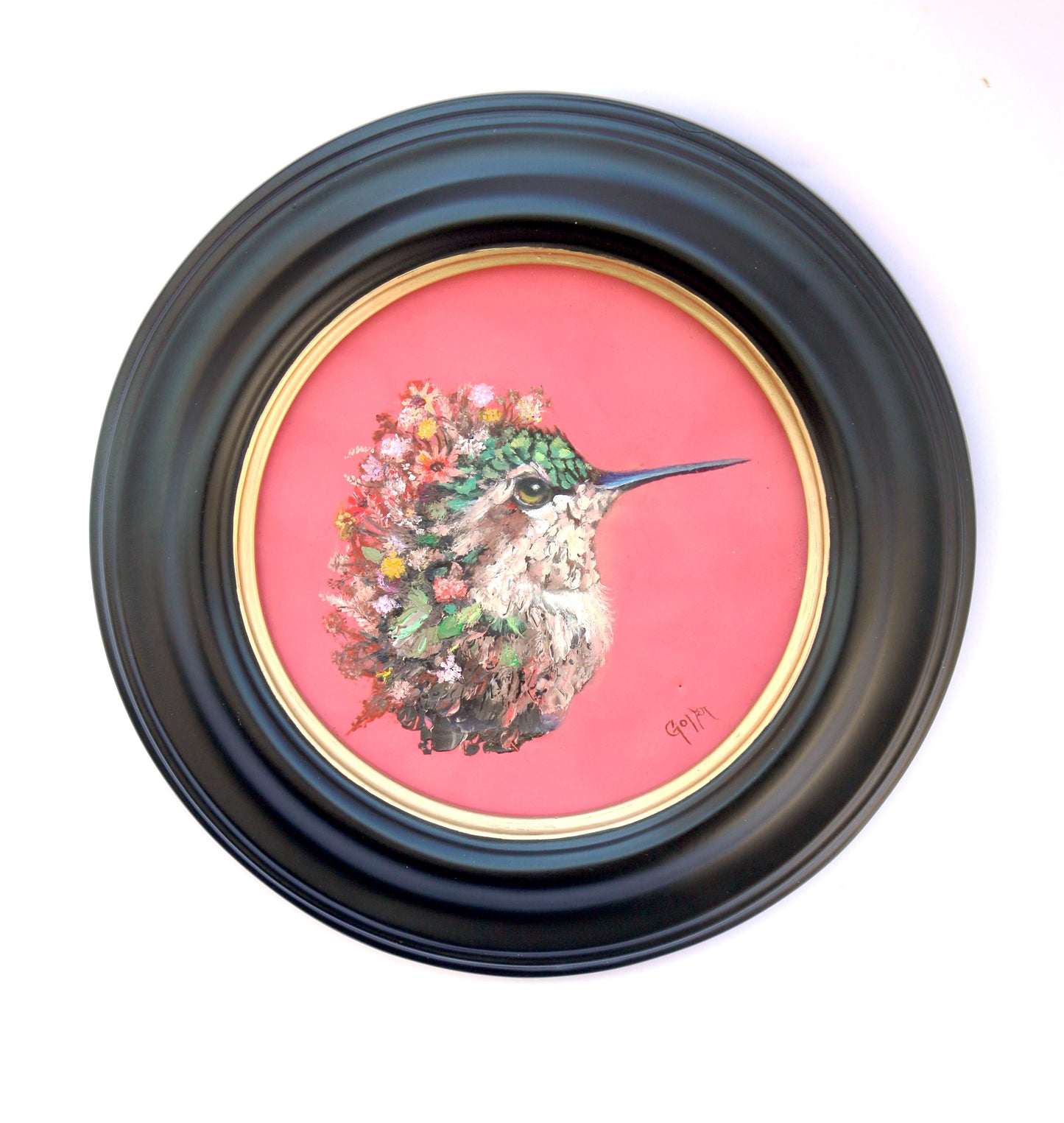 Prints available, original ***SOLD*** CARRIE GOLLER -  Zinnia, Floriferous Collection, Mixed media oil/encaustic 5x5 (Hummingbird)***At Jones & Terwilliger Galleries, Carmel, CA please inquire at (831) 626-9100***