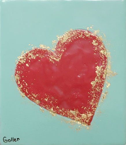 ***SOLD*** Carrie Goller - Red Heart with Gold Leaf on Teal, encaustic 5.5x4.5