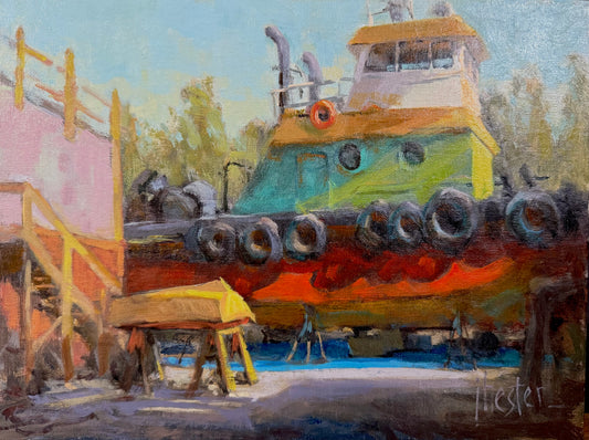 JOYCE HESTER - Boat Haven Shadows, Oil on Linen, 9x12 (framed)