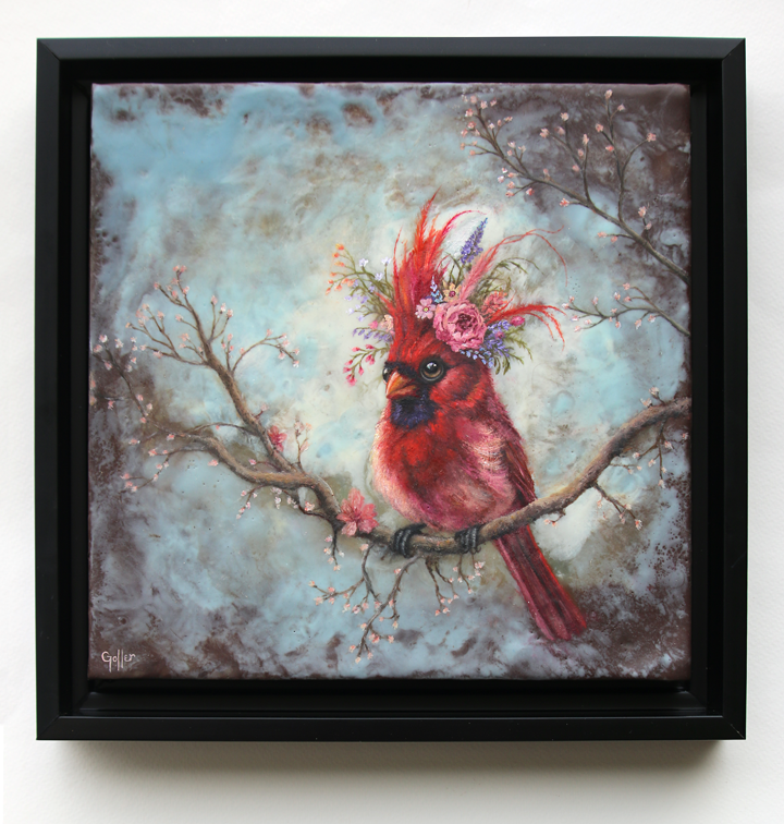 CARRIE GOLLER - Scarlett (Floriferous Cardinal), Mixed Media - Oil/Encaustic 10"x 10" ***At Jones & Terwilliger Galleries, Carmel, CA please inquire at (831) 626-9100***