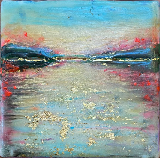 ***SOLD*** Carrie Goller - Hood Canal Sunset Study, encaustic/mixed media 3.5x3.5 - available at Bainbridge Island Museum of Art gallery Store