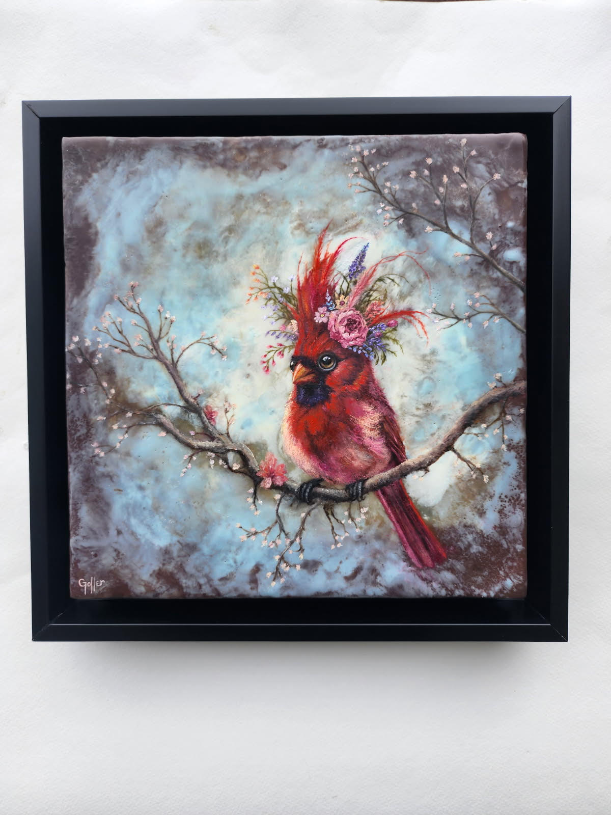 CARRIE GOLLER - Scarlett (Floriferous Cardinal), Mixed Media - Oil/Encaustic 10"x 10"
