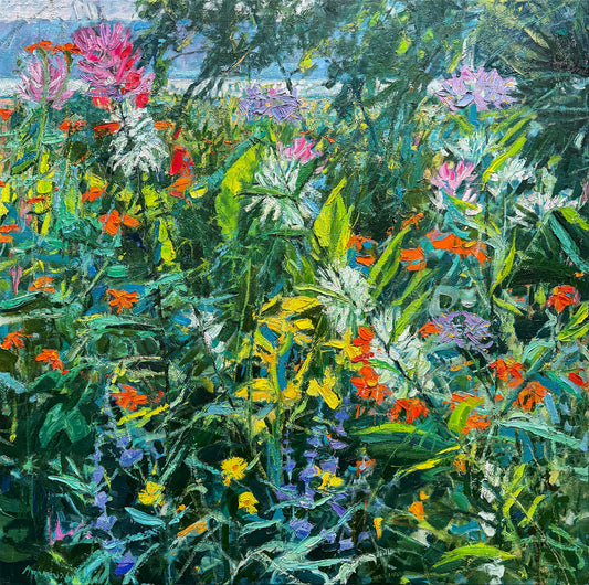 BRIAN MAHIEU - - Island Garden--Tithonia and Cleome, Oil, 36x36